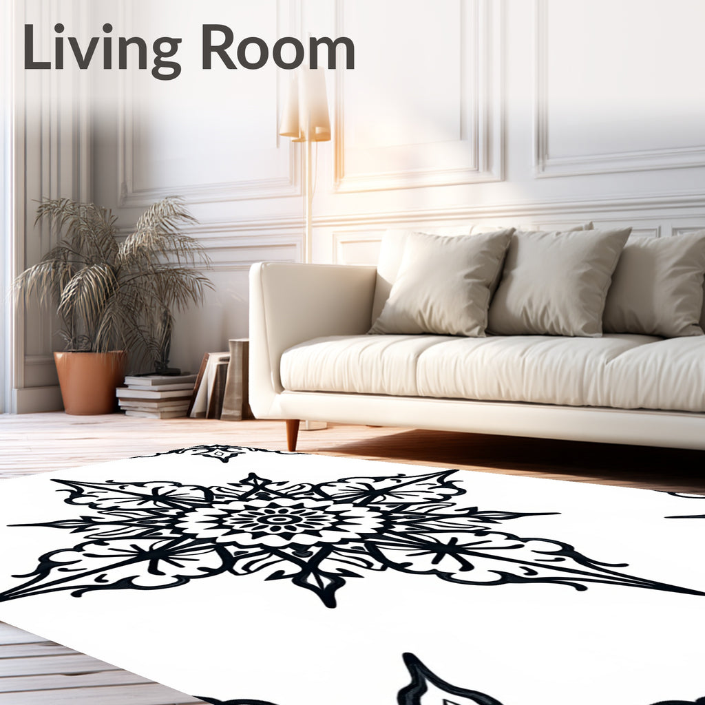 Intricate Black Floral Starburst Pattern Rug