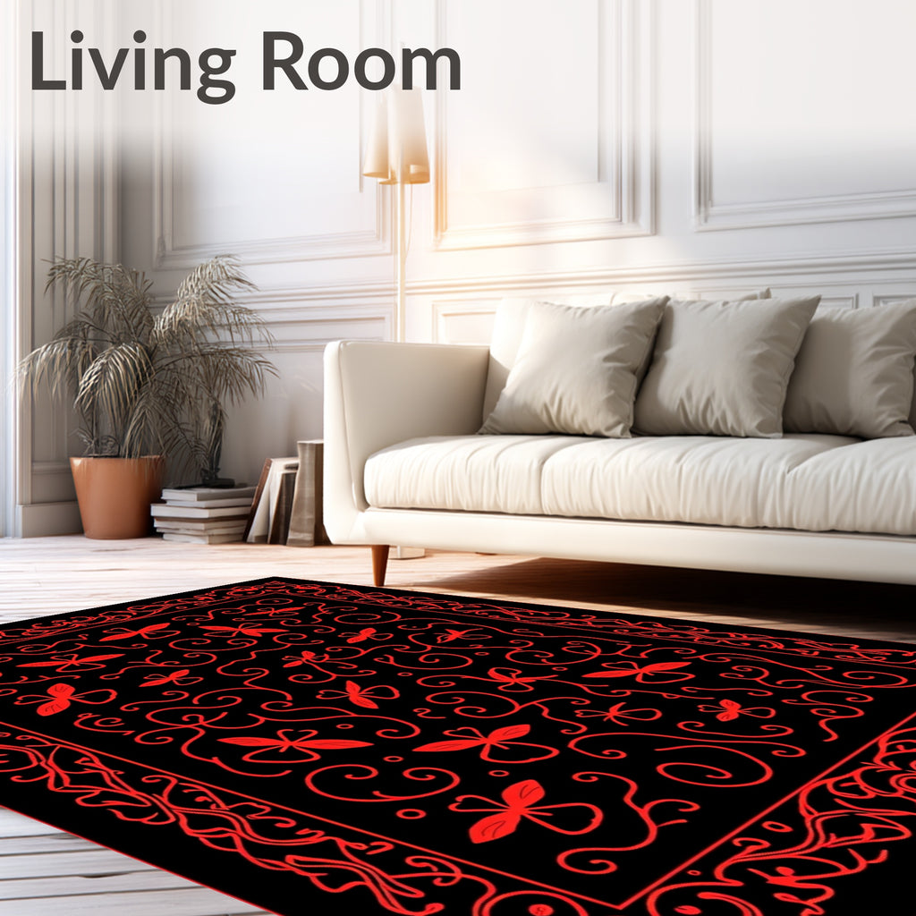 Red Butterflies With Flourishing Swirls Design Rug
