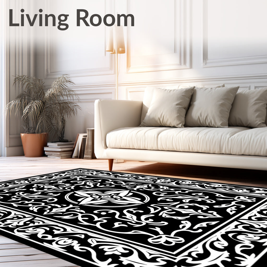 Ornate Flourish Black White Intricate Rug
