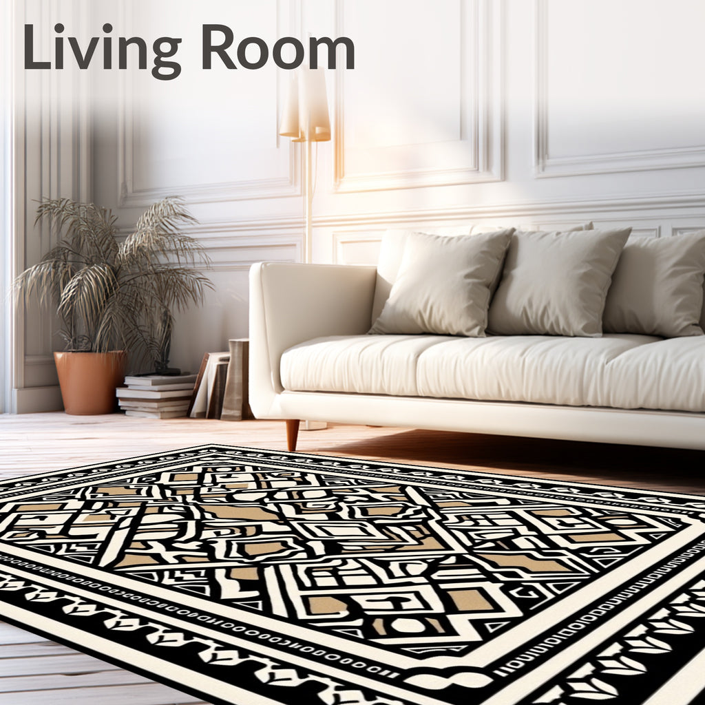 Intricate Black Cream Golden Geometric Design Rug