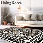 Intricate Black Cream Golden Geometric Design Rug