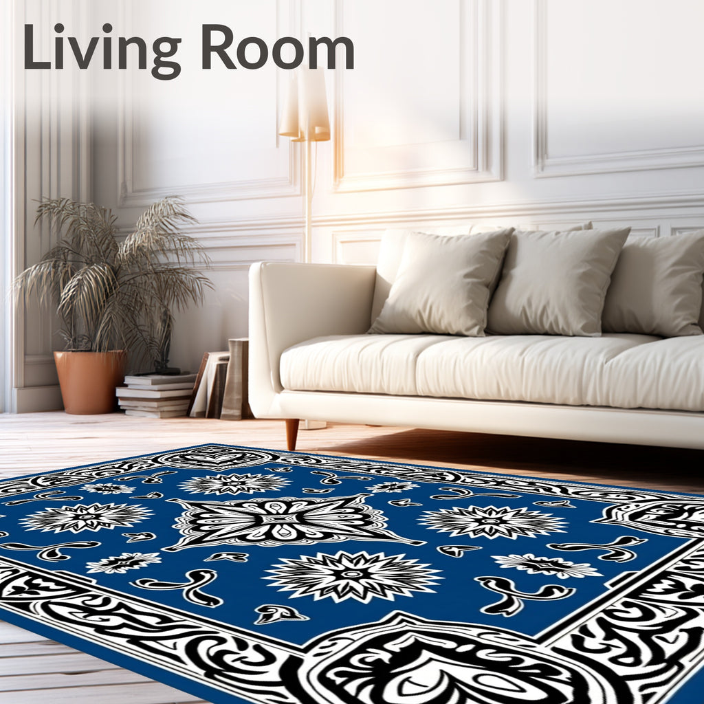 Bold Blue Floral And Swirl Design Rug