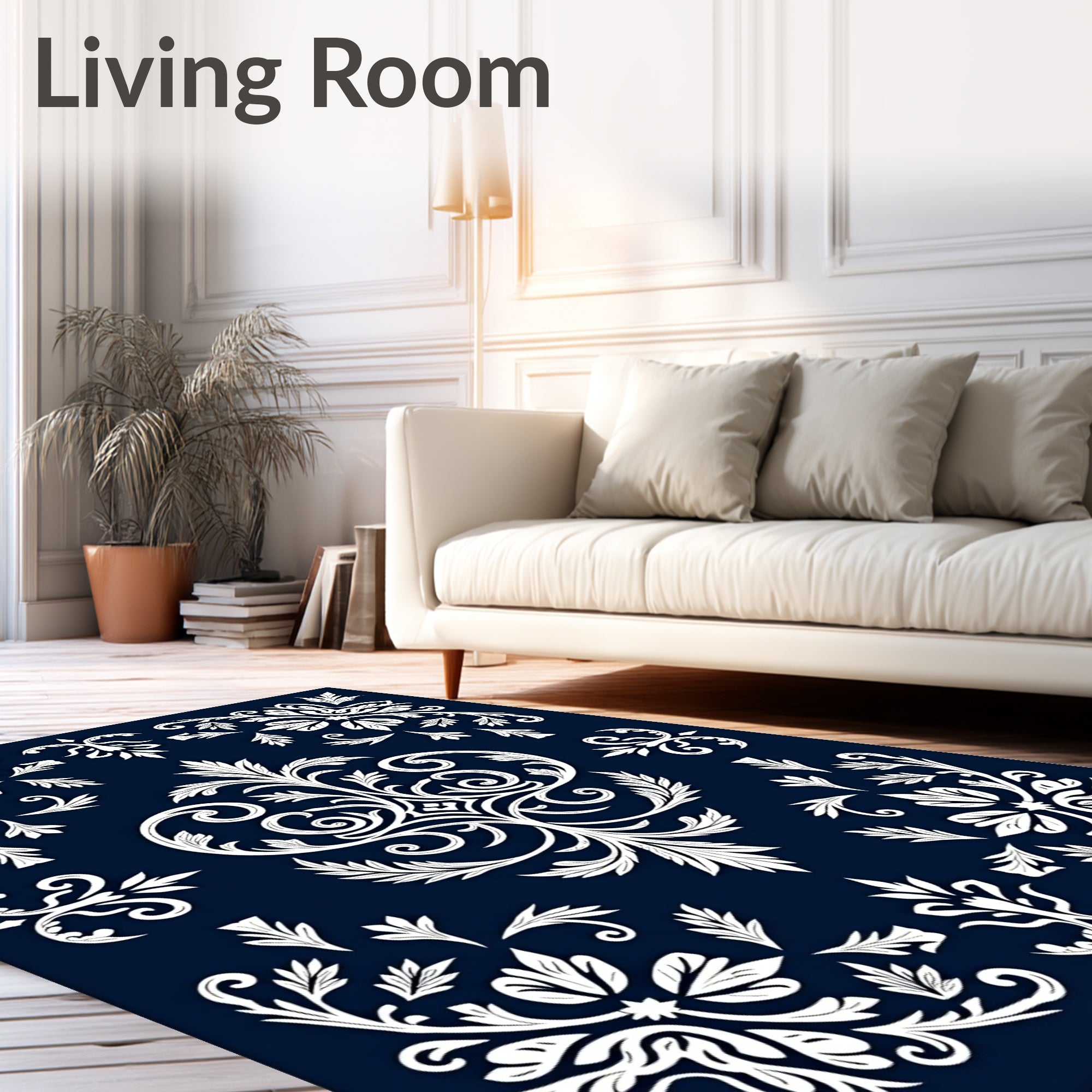 White Floral Filigree Damask Pattern Rug