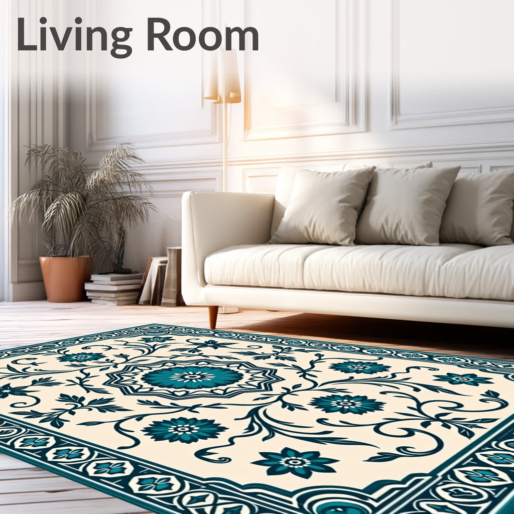 Teal Floral Swirl Traditional Inspired Rug