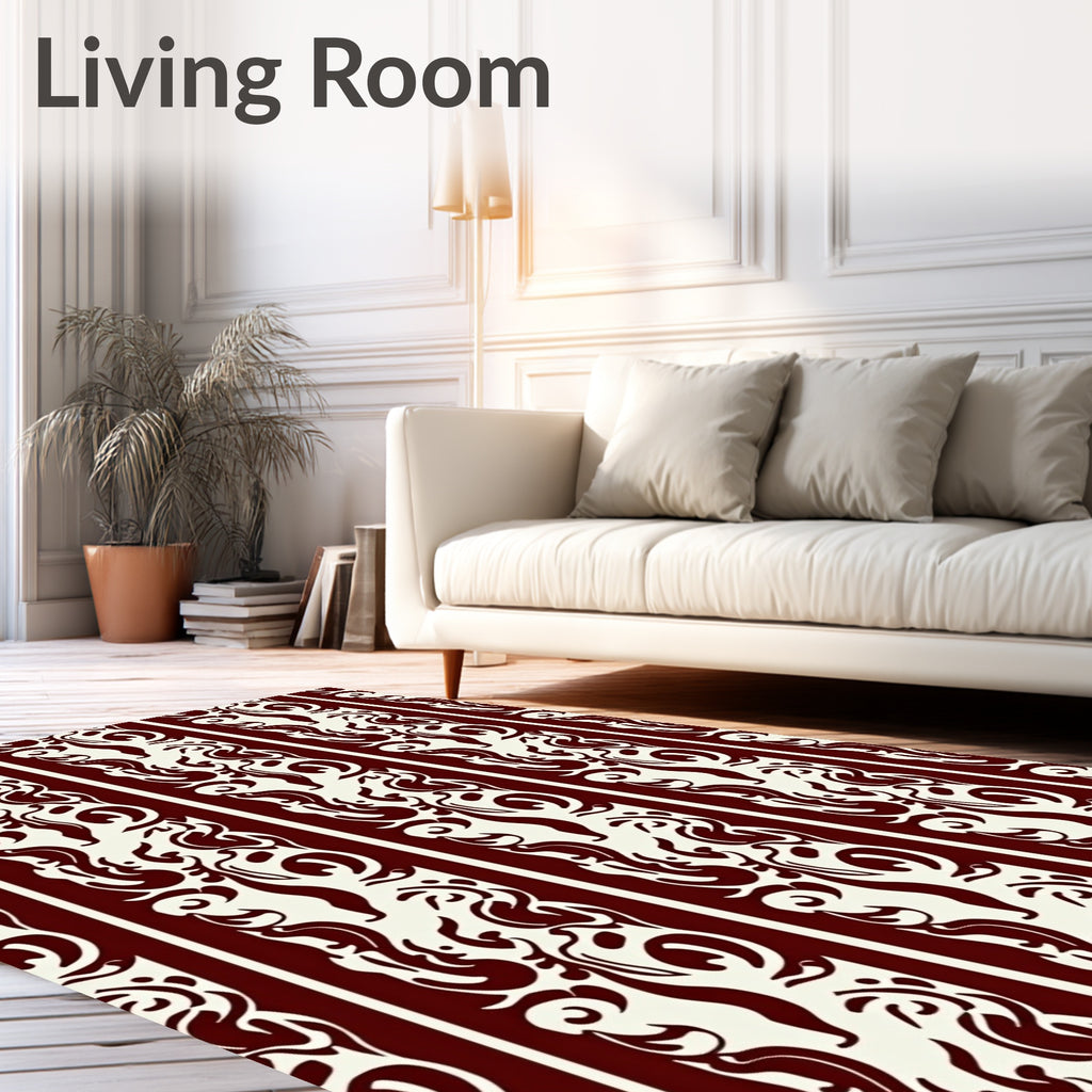 Crimson Cream Ornate Striped Pattern Rug