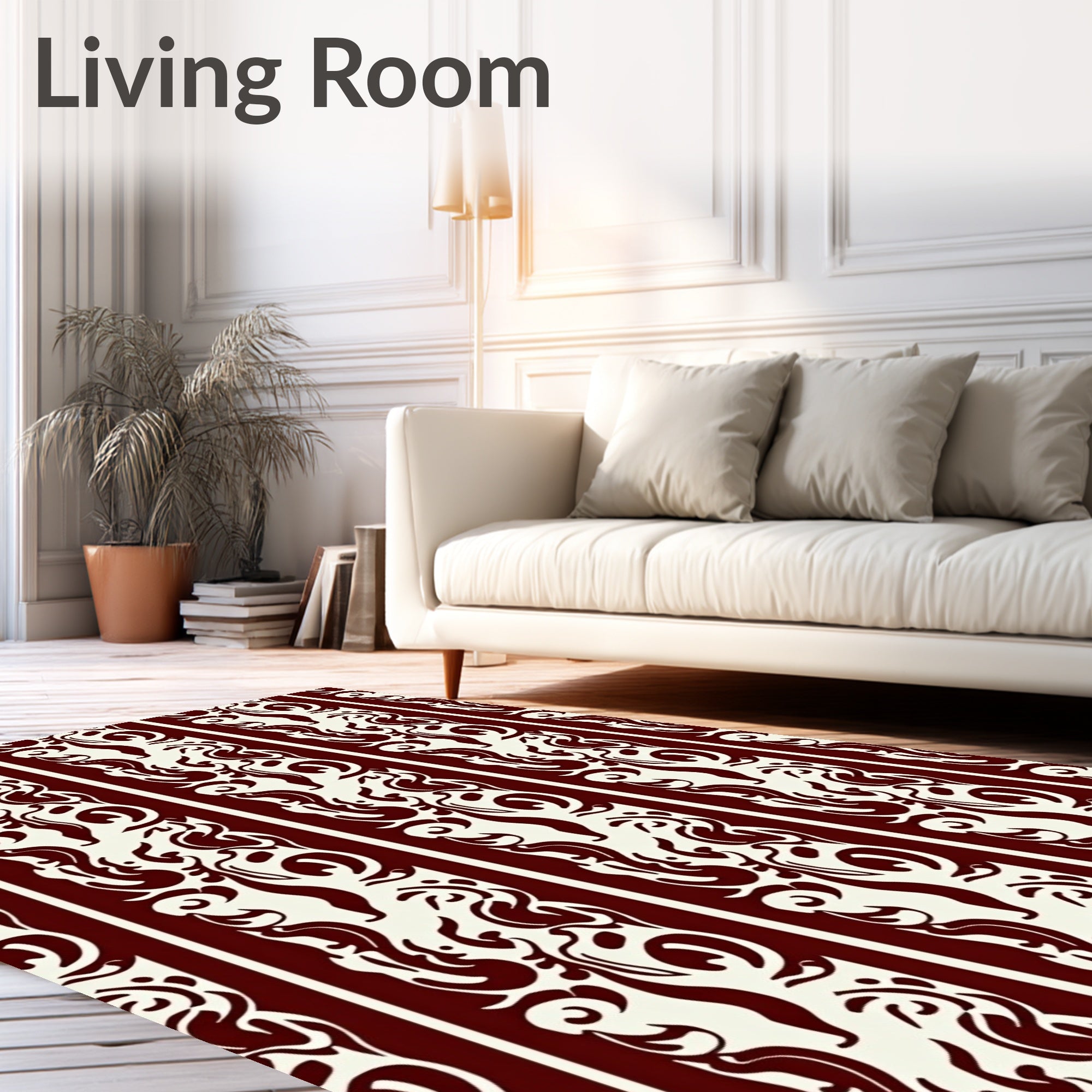 Crimson Cream Ornate Striped Pattern Rug