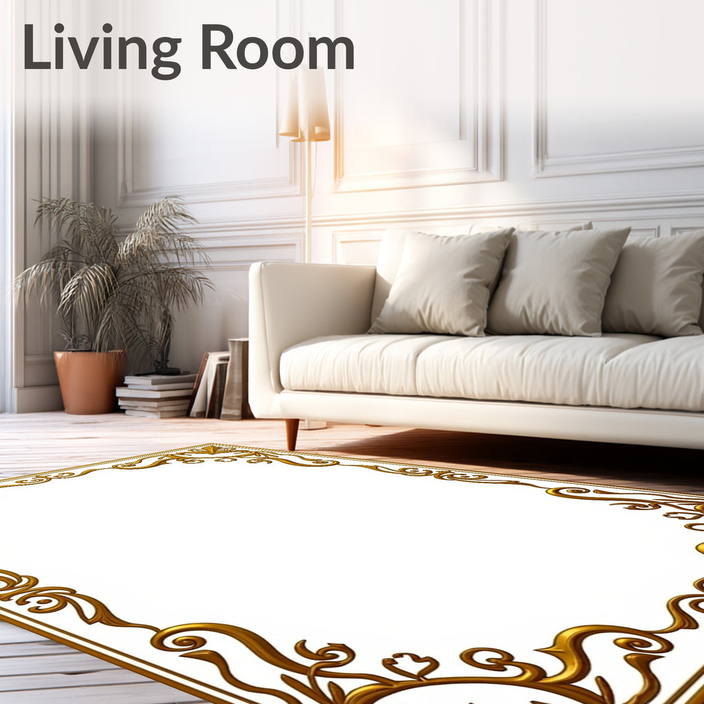 Ornate Gold Floral Scroll Frame Pattern Rug