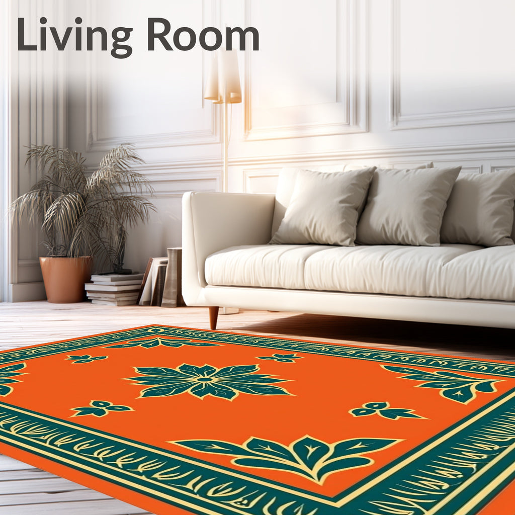 Orange Teal Floral Corner Pattern Rug