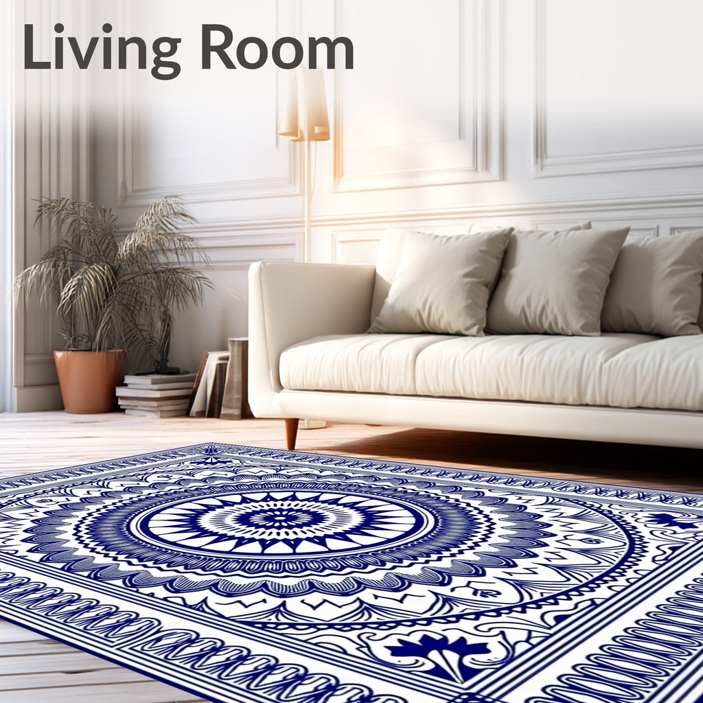 Intricate Blue Floral Mandala Design Rug