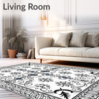 Elaborate Black White Floral Scroll Design Rug