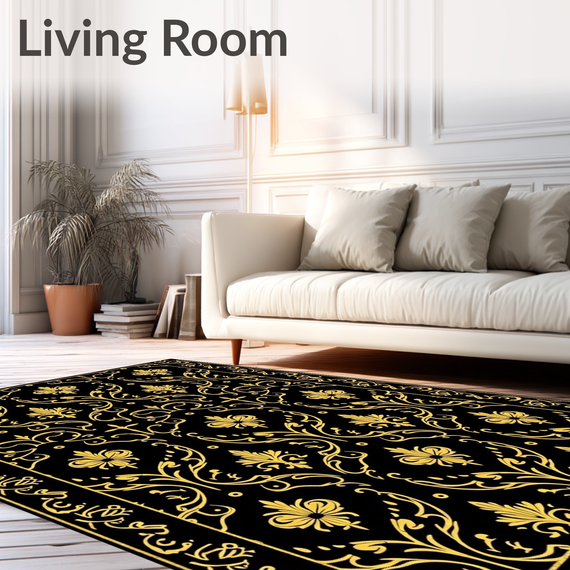 Ornate Gold Floral Damask Pattern Rug