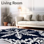 White Floral Mandala Pattern on Navy Rug
