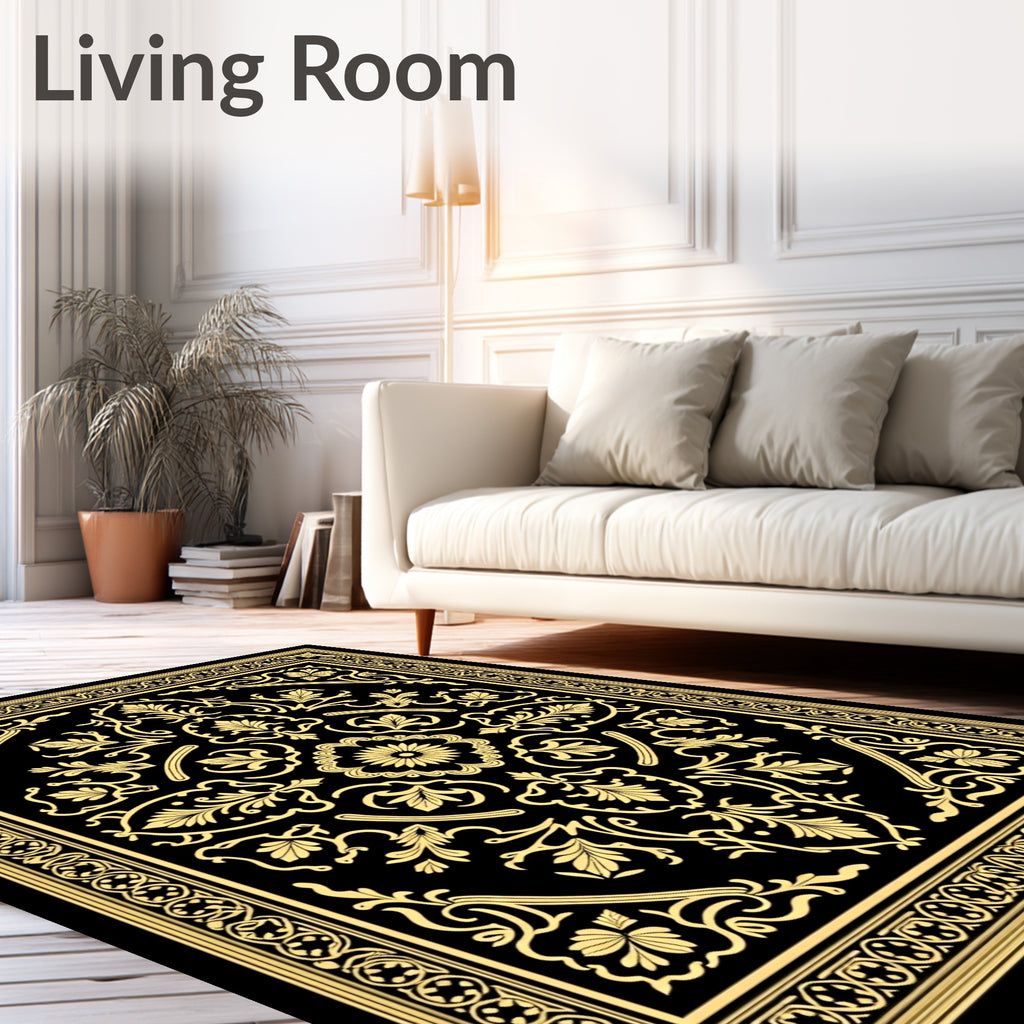 Ornate Gold Black Botanical Style Rug
