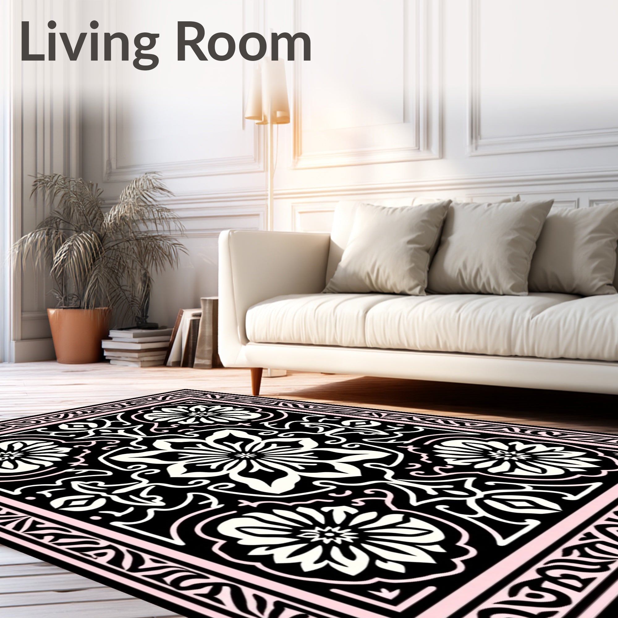 Black Floral Intricate Medallion Pattern Rug