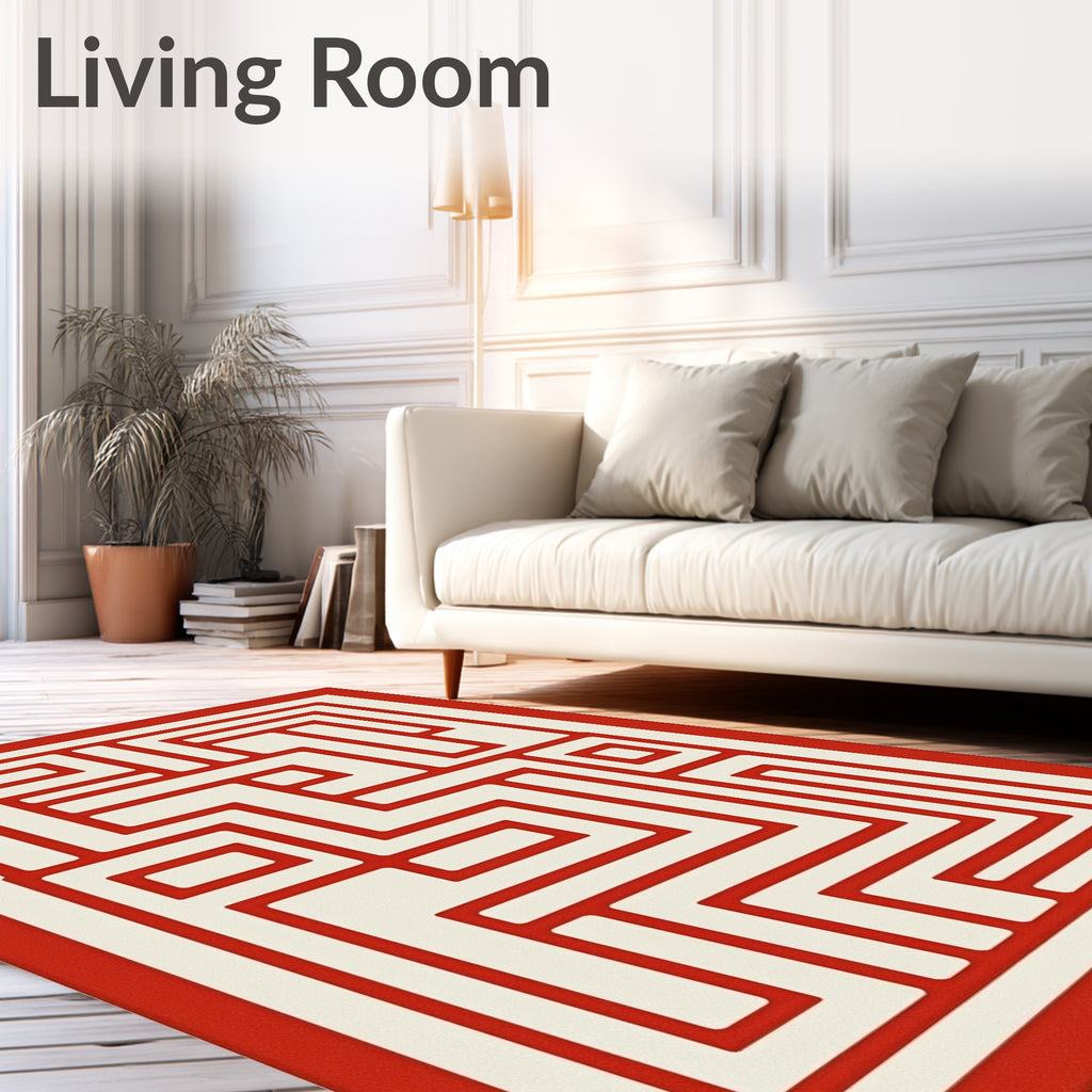 Red White Geometric Maze Pattern Rug
