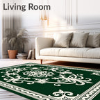 Elegant Cream Scrollwork on Deep Green Rug