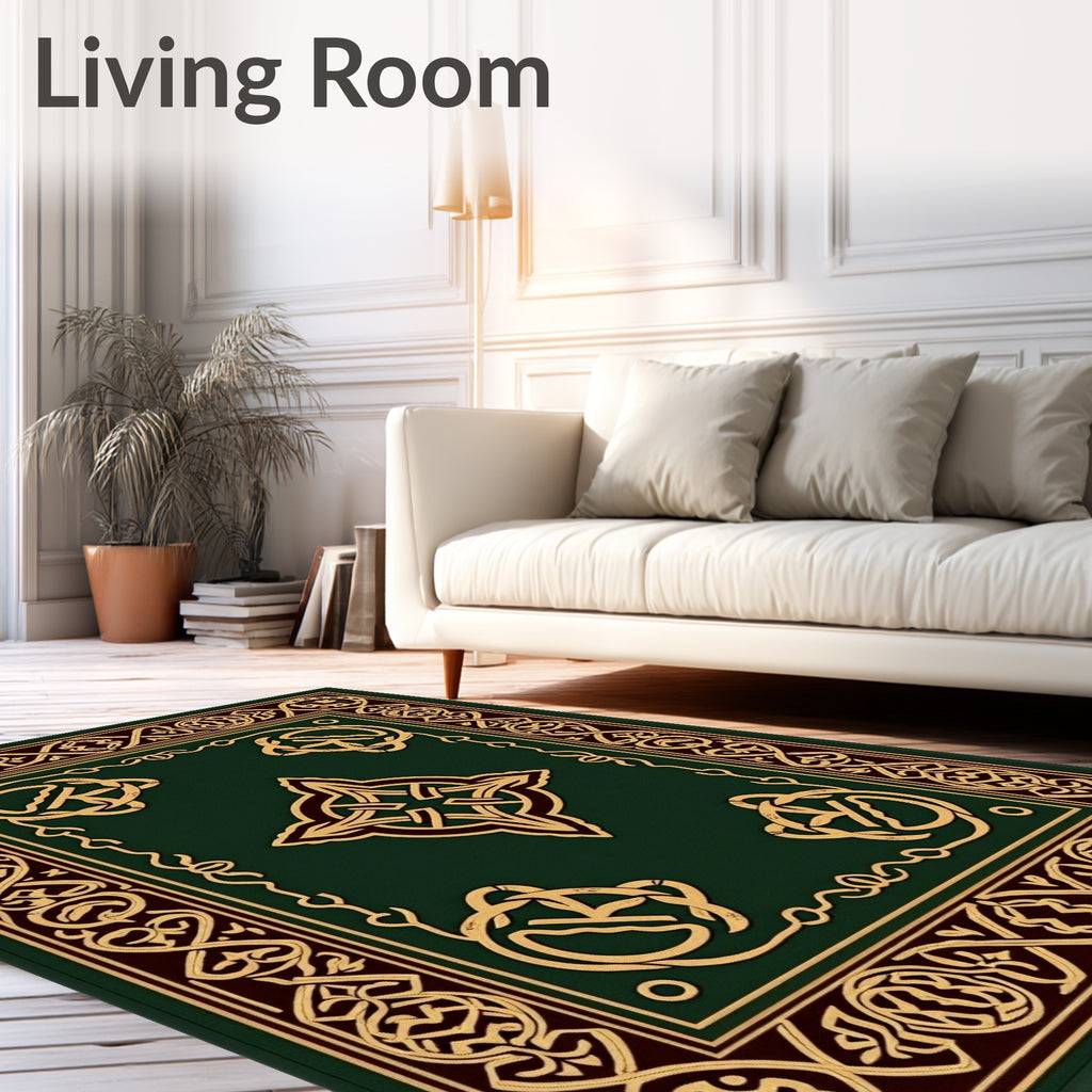 Intricate Gold Celtic Knot Green Rug