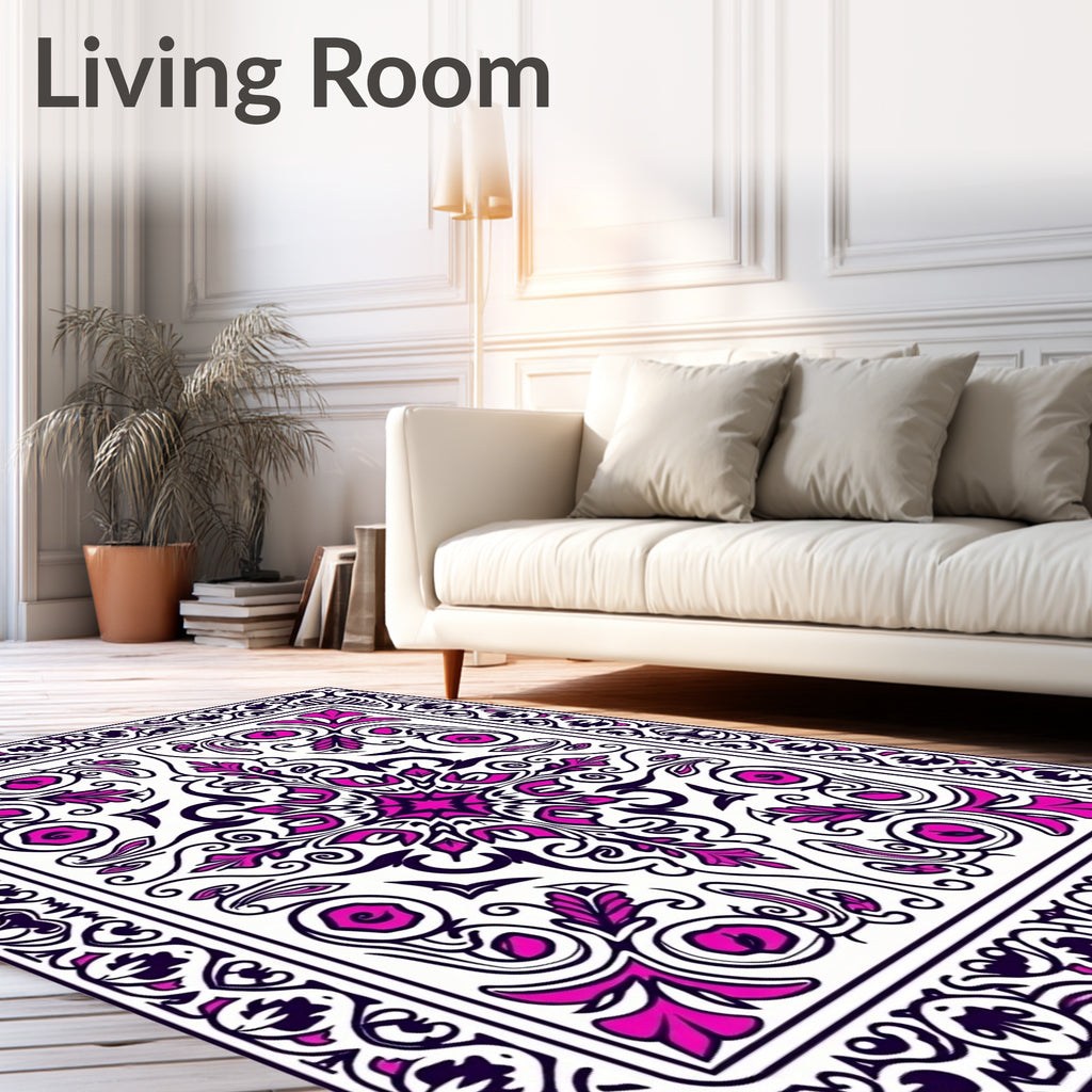 Ornate Pink Black Floral Pattern Rug