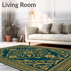 Ornate Teal Gold Floral Scrollwork Rug