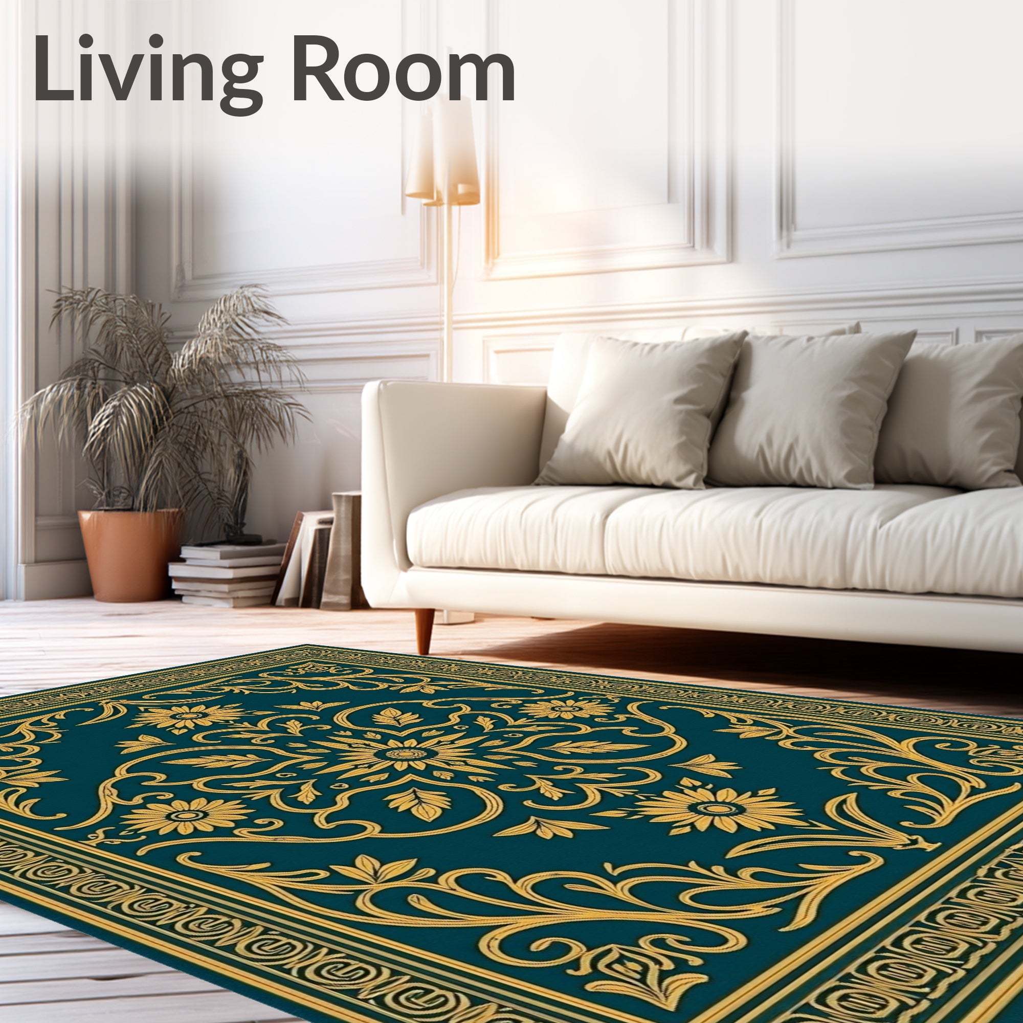 Ornate Teal Gold Floral Scrollwork Rug