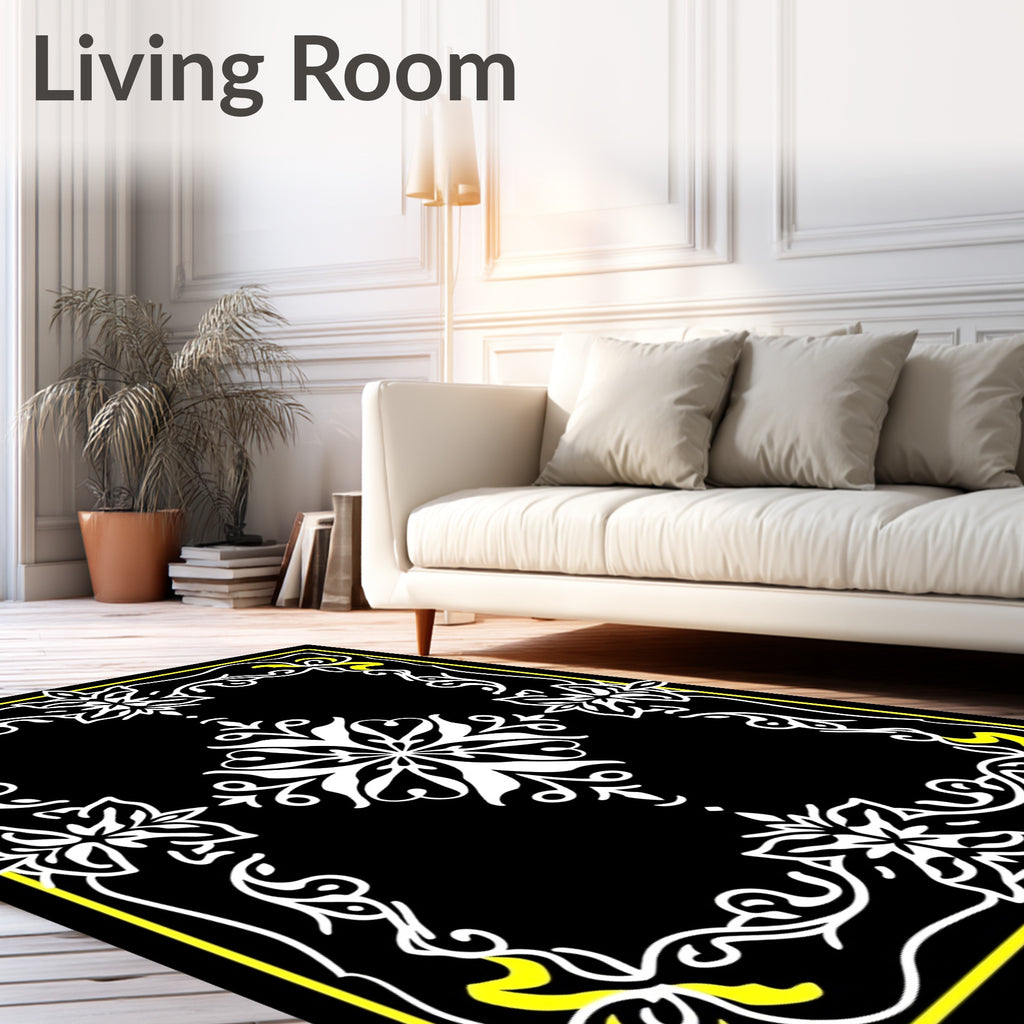 Bold Black White Floral Scroll Rug