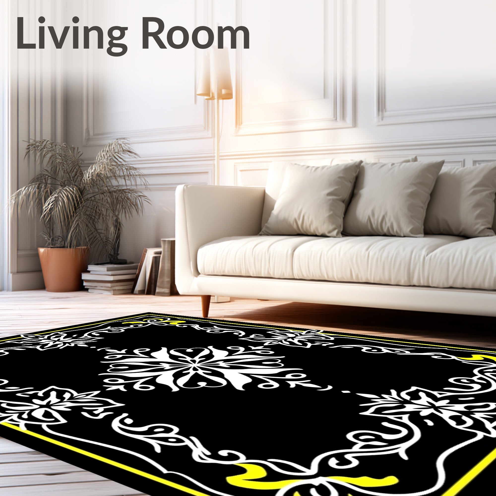 Bold Black White Floral Scroll Rug