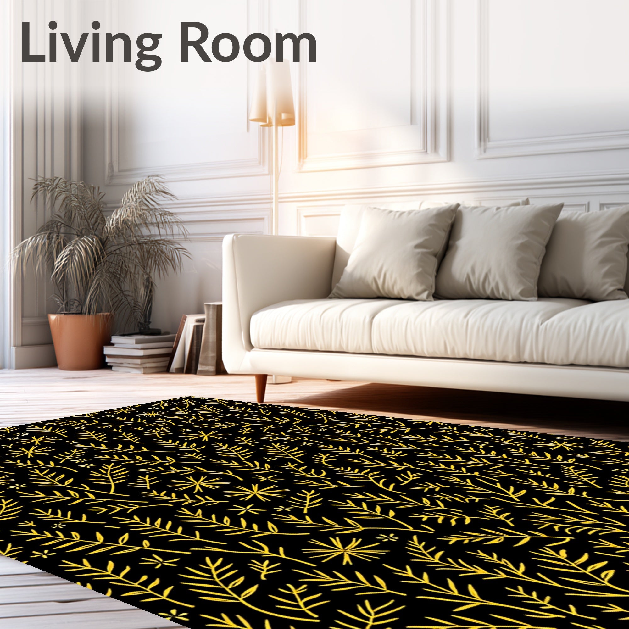 Golden Branches and Stars on Black Rug
