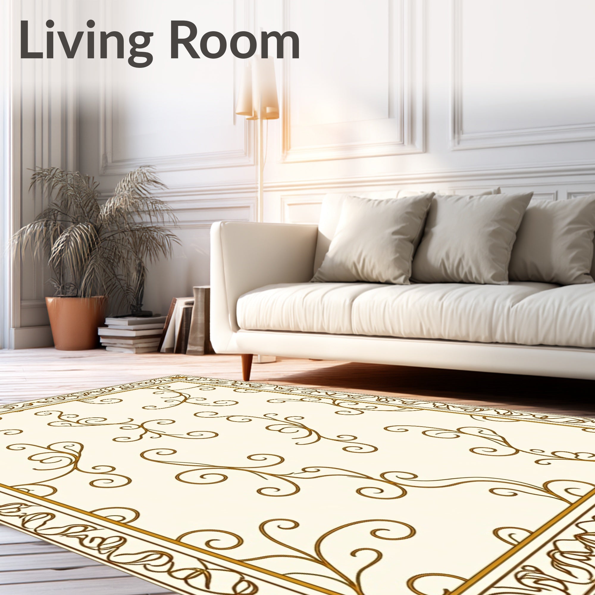 Cream and Gold Vine Pattern Border Rug