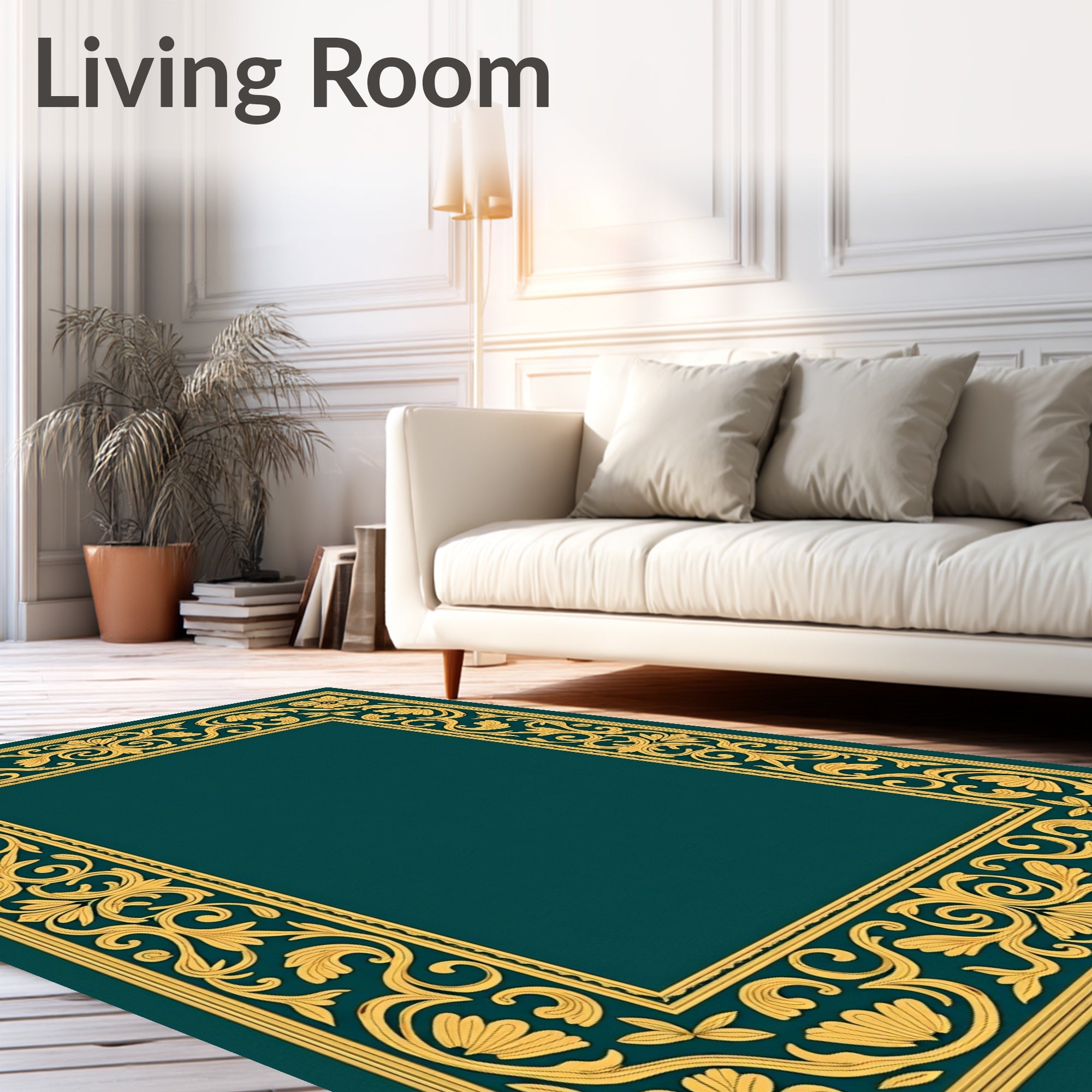 Golden Floral Scrollwork Classic Border Design Rug