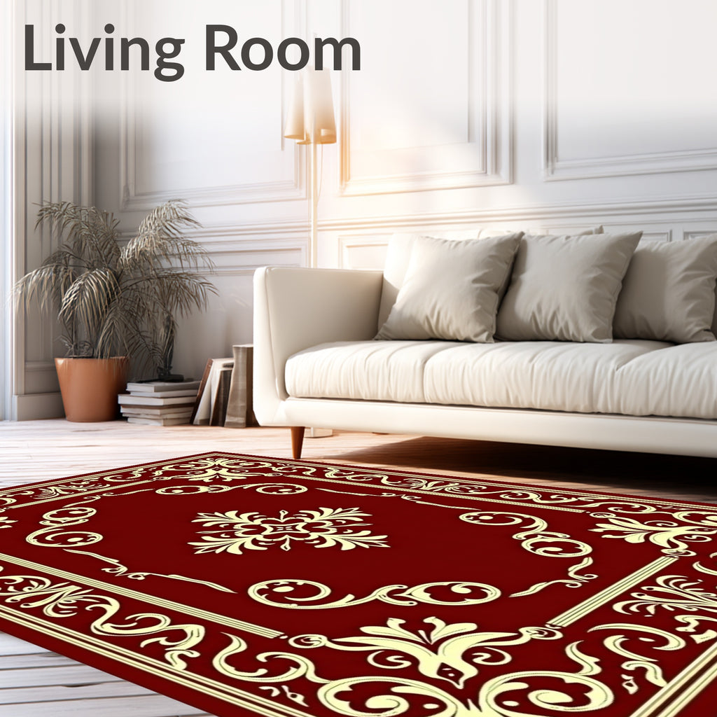 Elegant Burgundy Gold Floral Pattern Rug