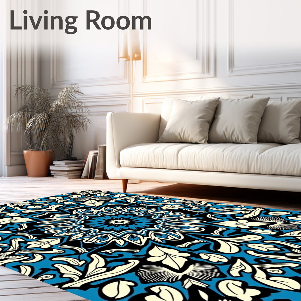 Blue Black Cream Floral Mandala Rug