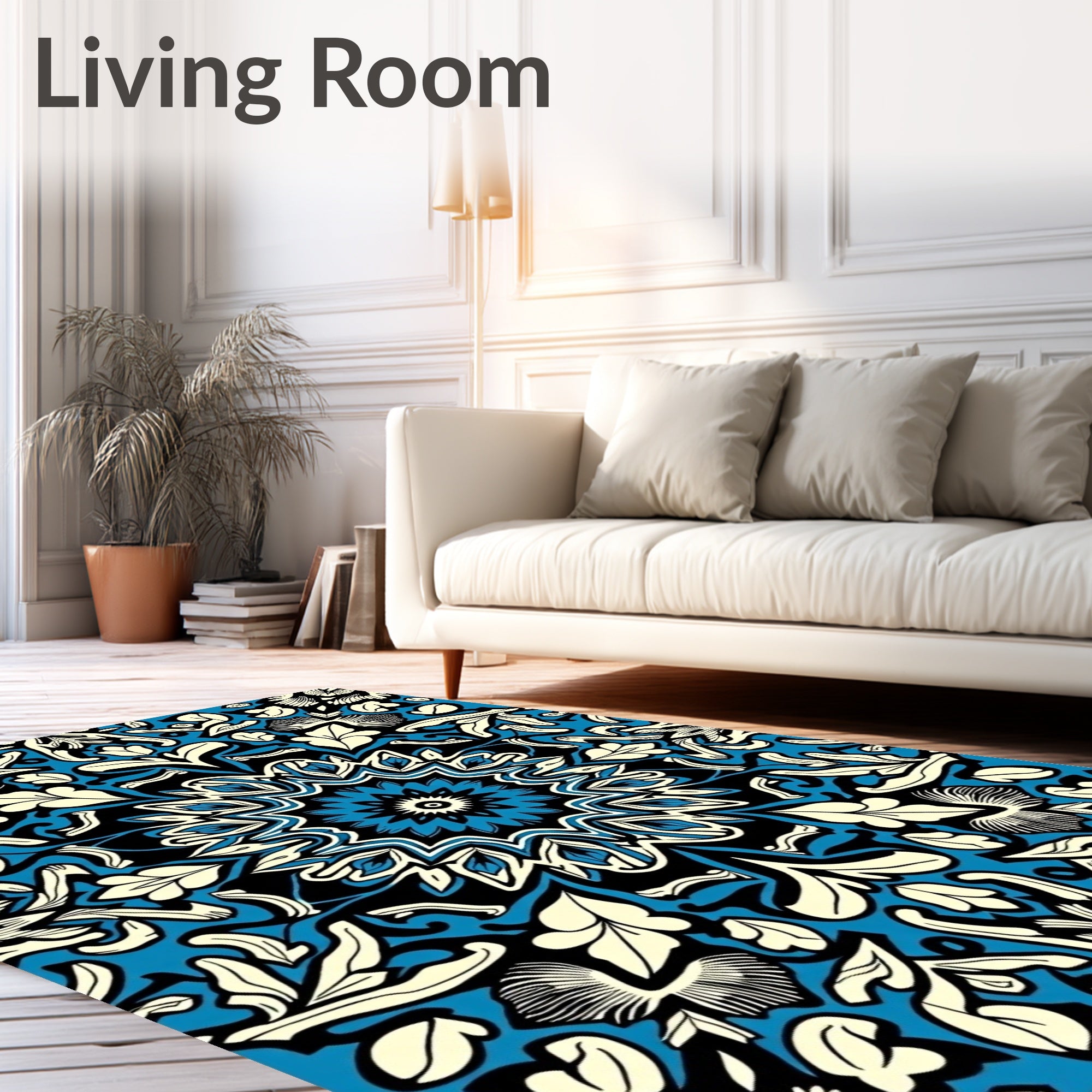 Blue Black Cream Floral Mandala Rug
