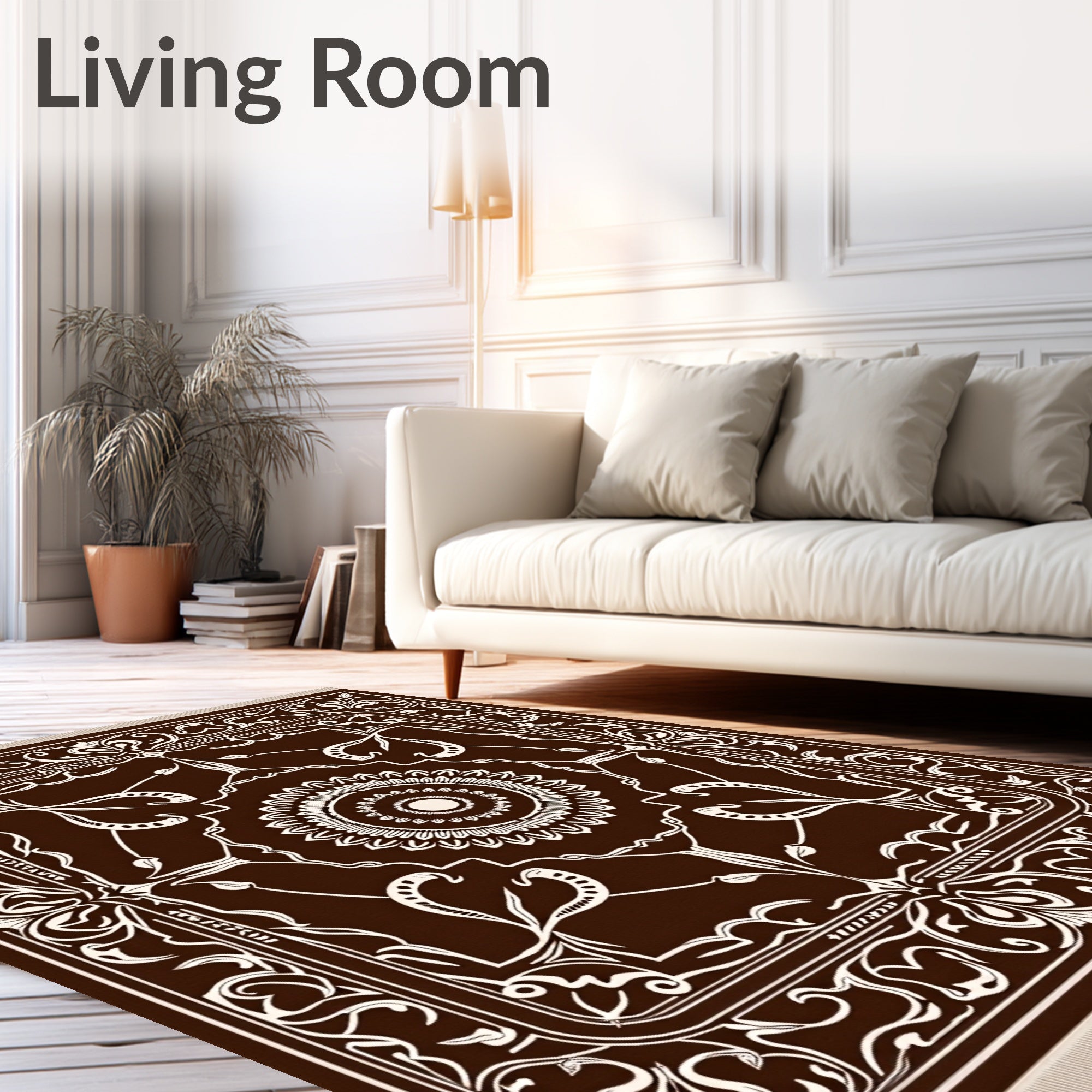Dark Brown White Floral Mandala Rug