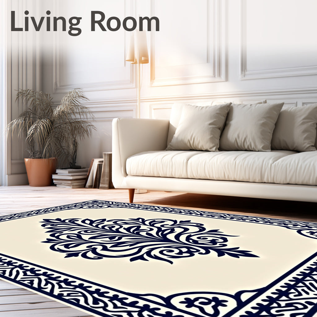 Dark Blue Traditional Floral Damask Rug