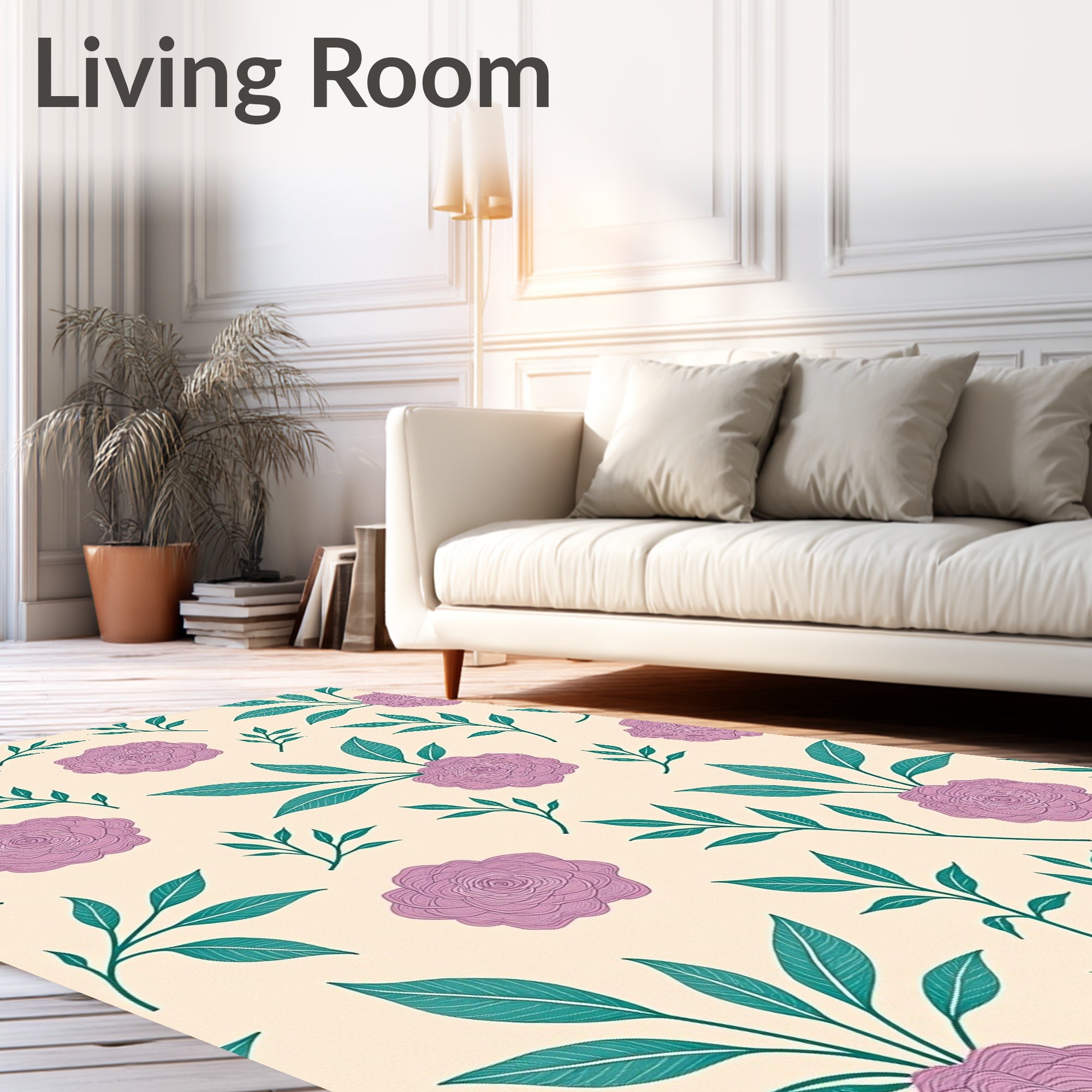 Floral Pattern With Pink Roses and Leaves Rug