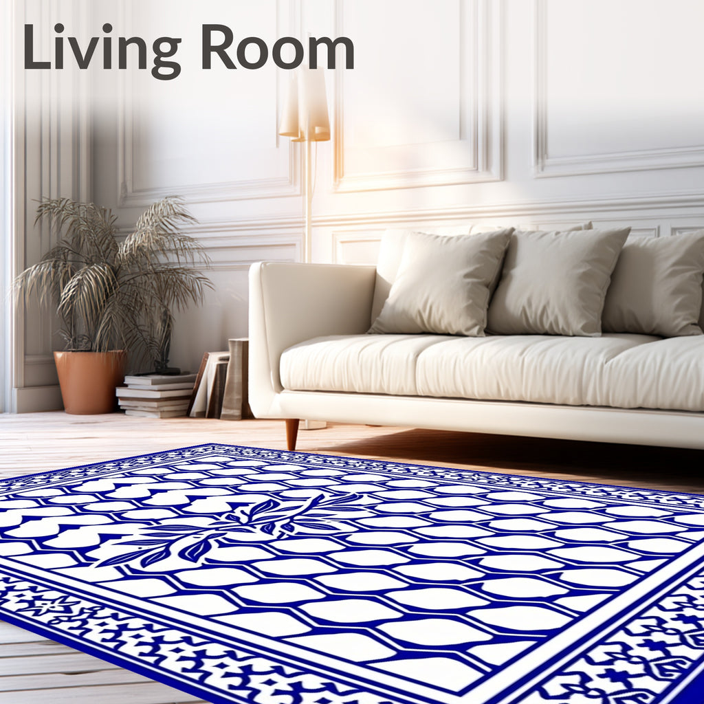 Blue And White Floral Lattice Pattern Rug