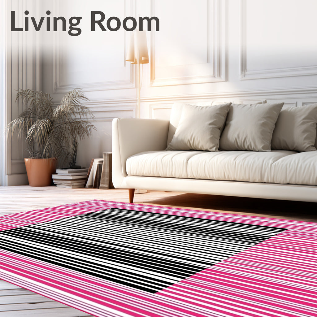 Bold Pink Black Barcode Stripe Rug