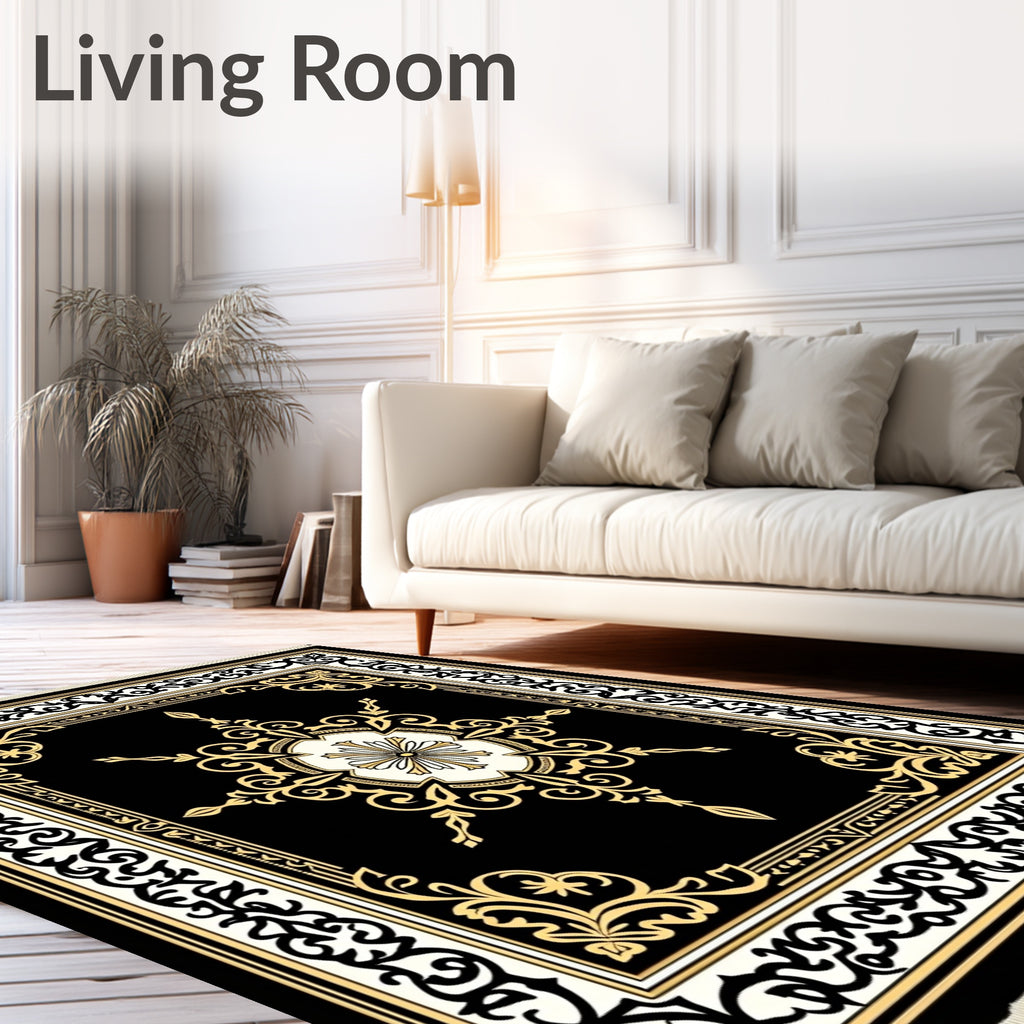 Elegant Black Gold Floral Ornament Rug