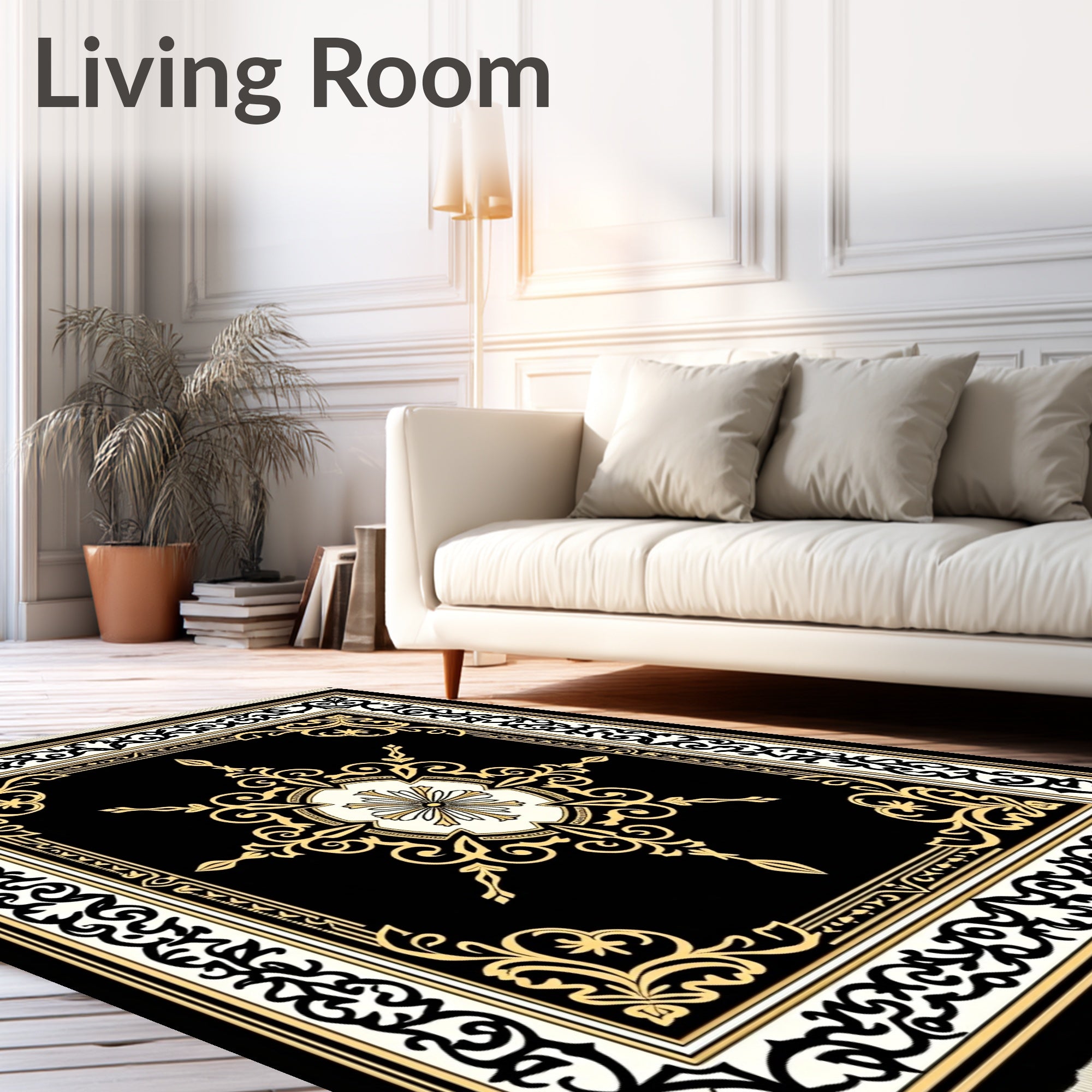 Elegant Black Gold Floral Ornament Rug