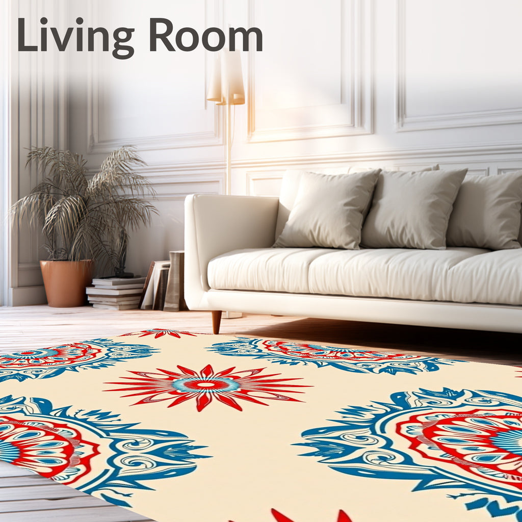 Red Blue Ornamental Mandala Pattern Rug