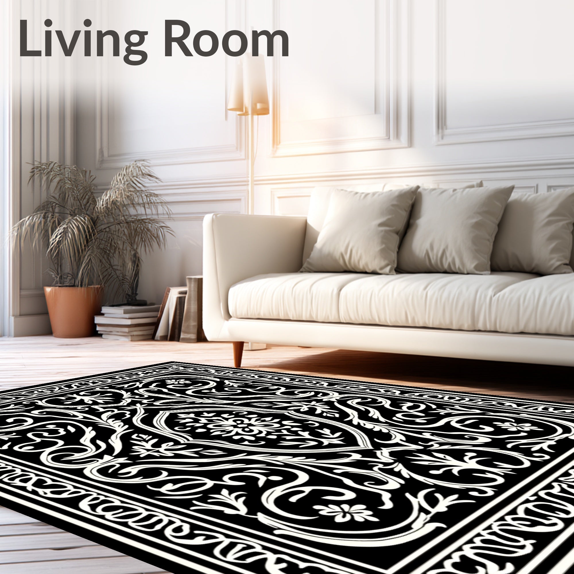 Black White Floral and Scroll Pattern Rug