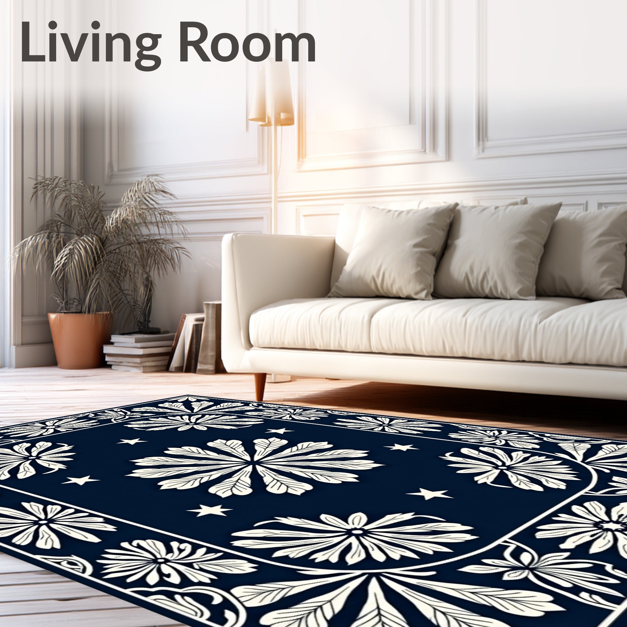 Navy Ivory Floral Star Pattern Rug