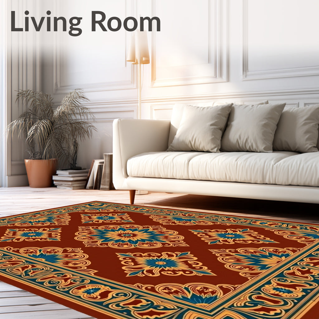 Rich Burgundy And Blue Floral Pattern Rug