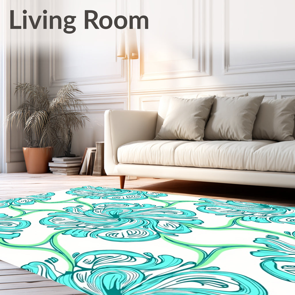 Turquoise Swirl Floral Pattern Design Rug