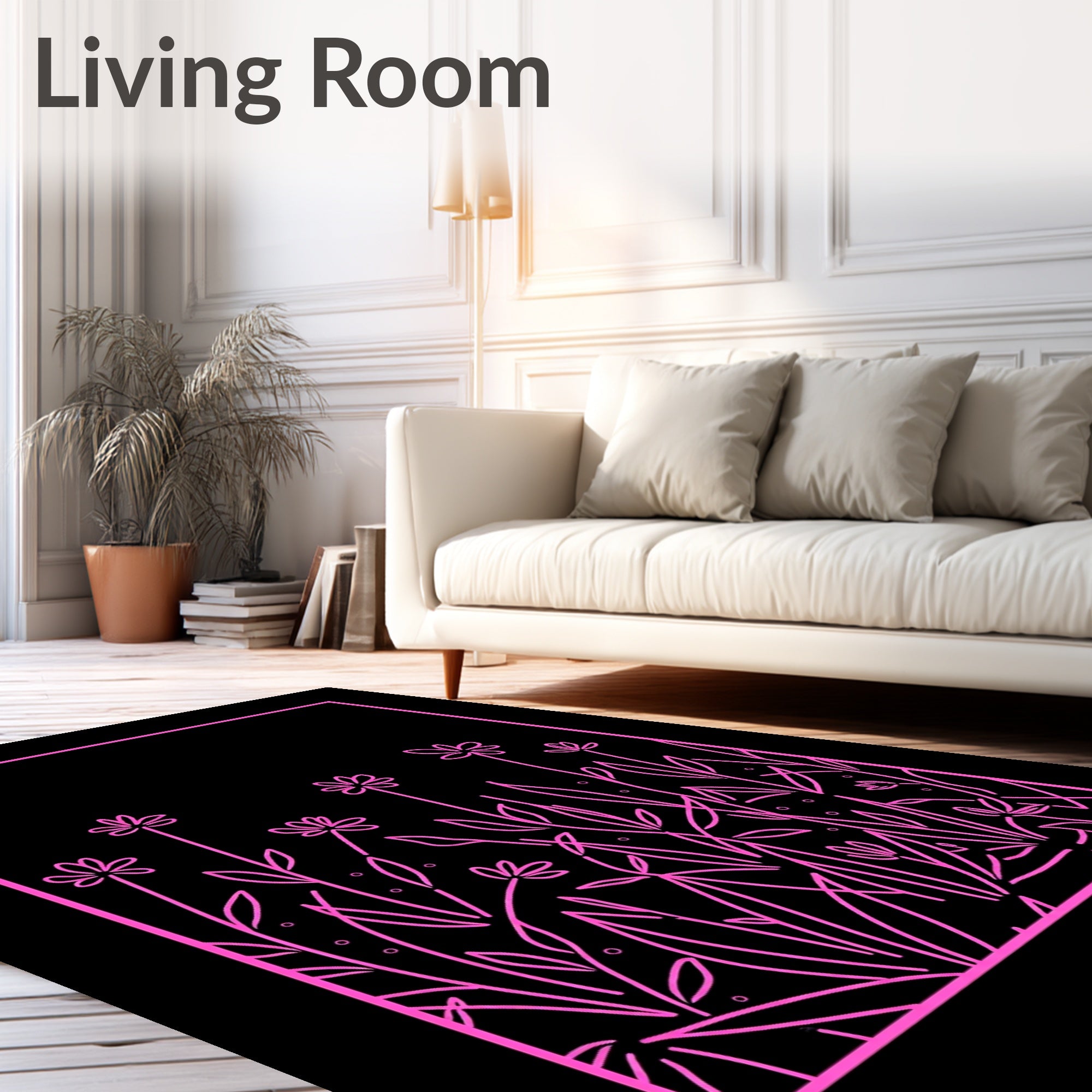 Pink Floral Outline On Black Rug