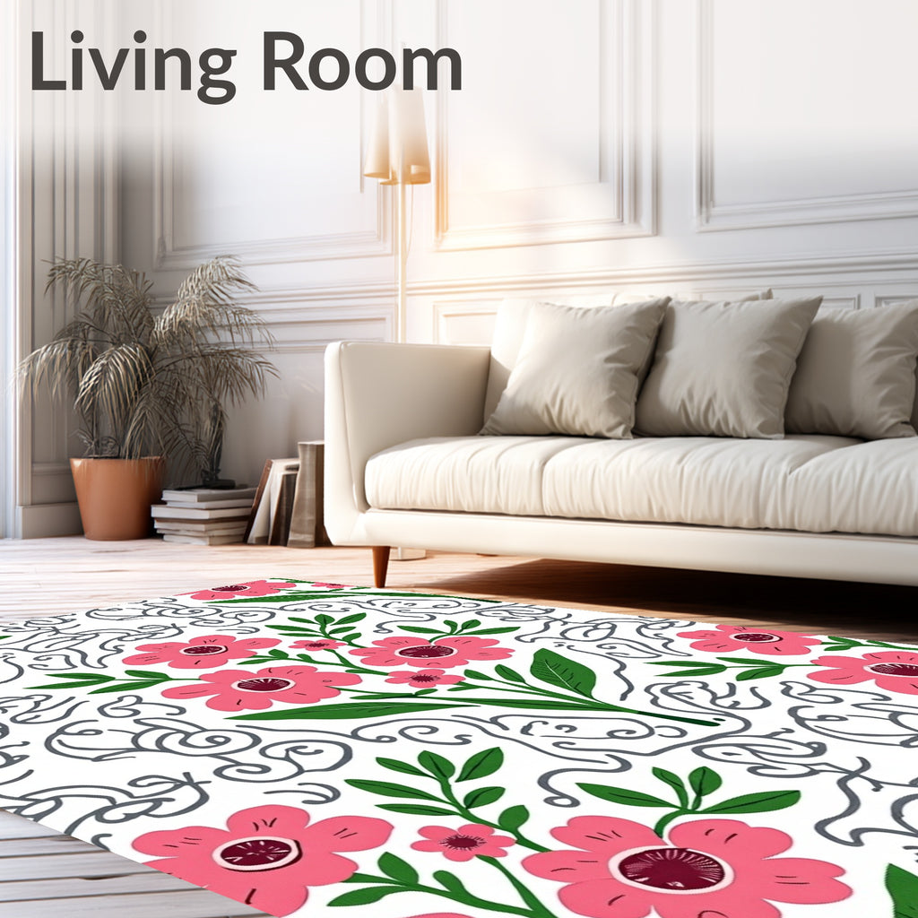 Pink Flowers with Charcoal Swirls Rug