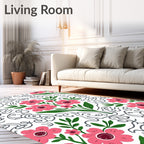 Pink Flowers with Charcoal Swirls Rug