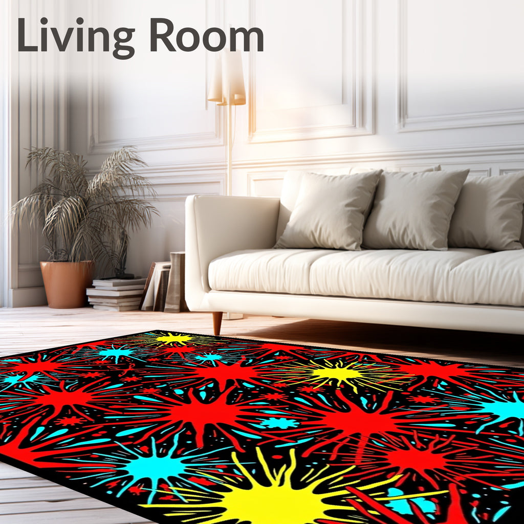 Vibrant Red Aqua Yellow Starburst Design Rug