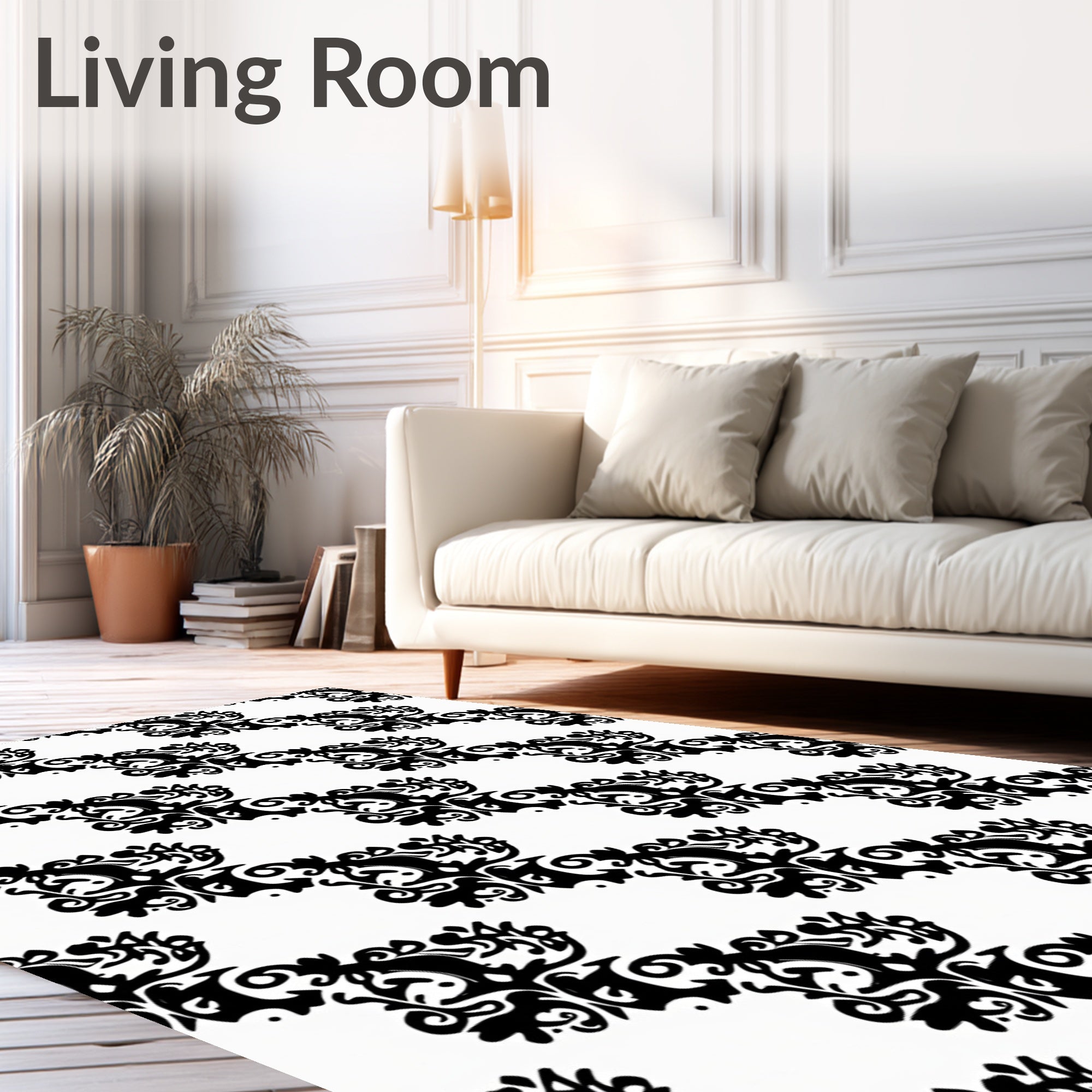 Black White Historic Damask Pattern Rug