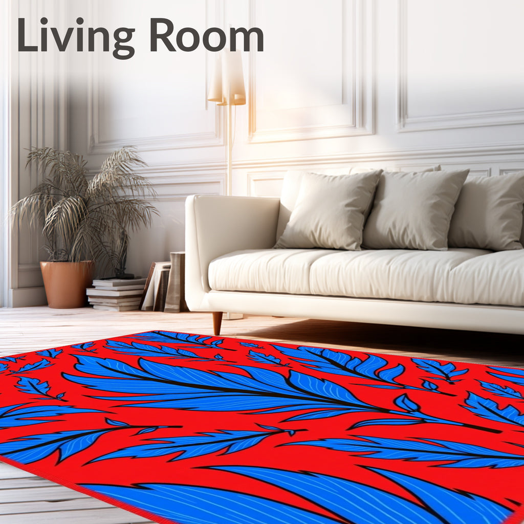 Blue Feather Patterned Red Rug